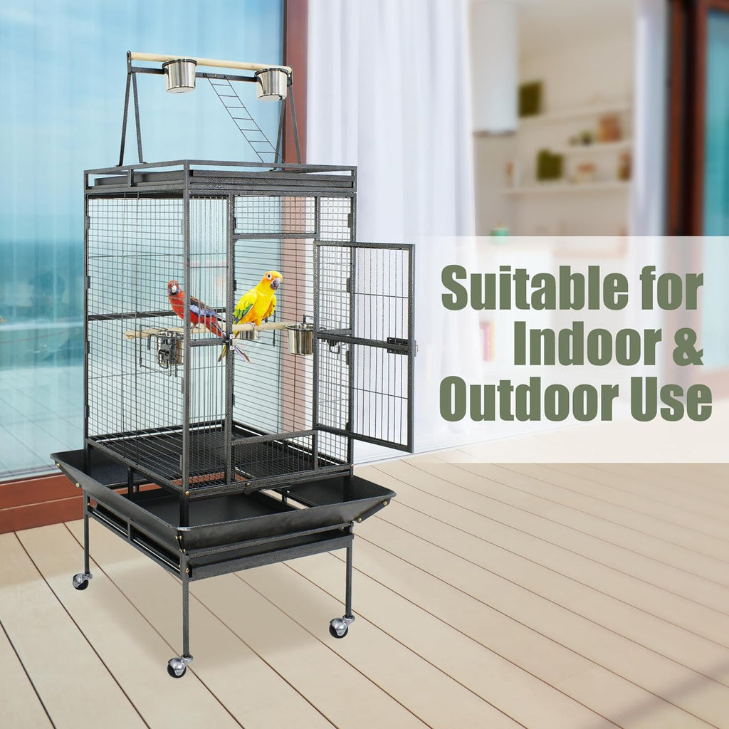 68-Inch Birdcage, Playtop Parrot Cage, Wrought Iron Bird Cage with Rolling Stand, Heavy-Duty Pet Bird House for