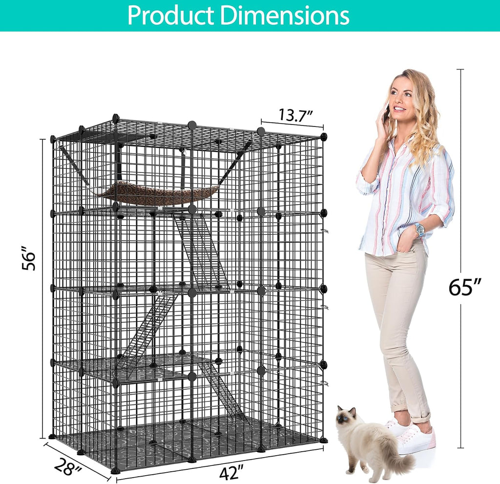 4-Tier Cat Cage Indoor Cat Enclosures DIY Cat Playpen Detachable Metal Wire Kennels with Extra Large Hammock for