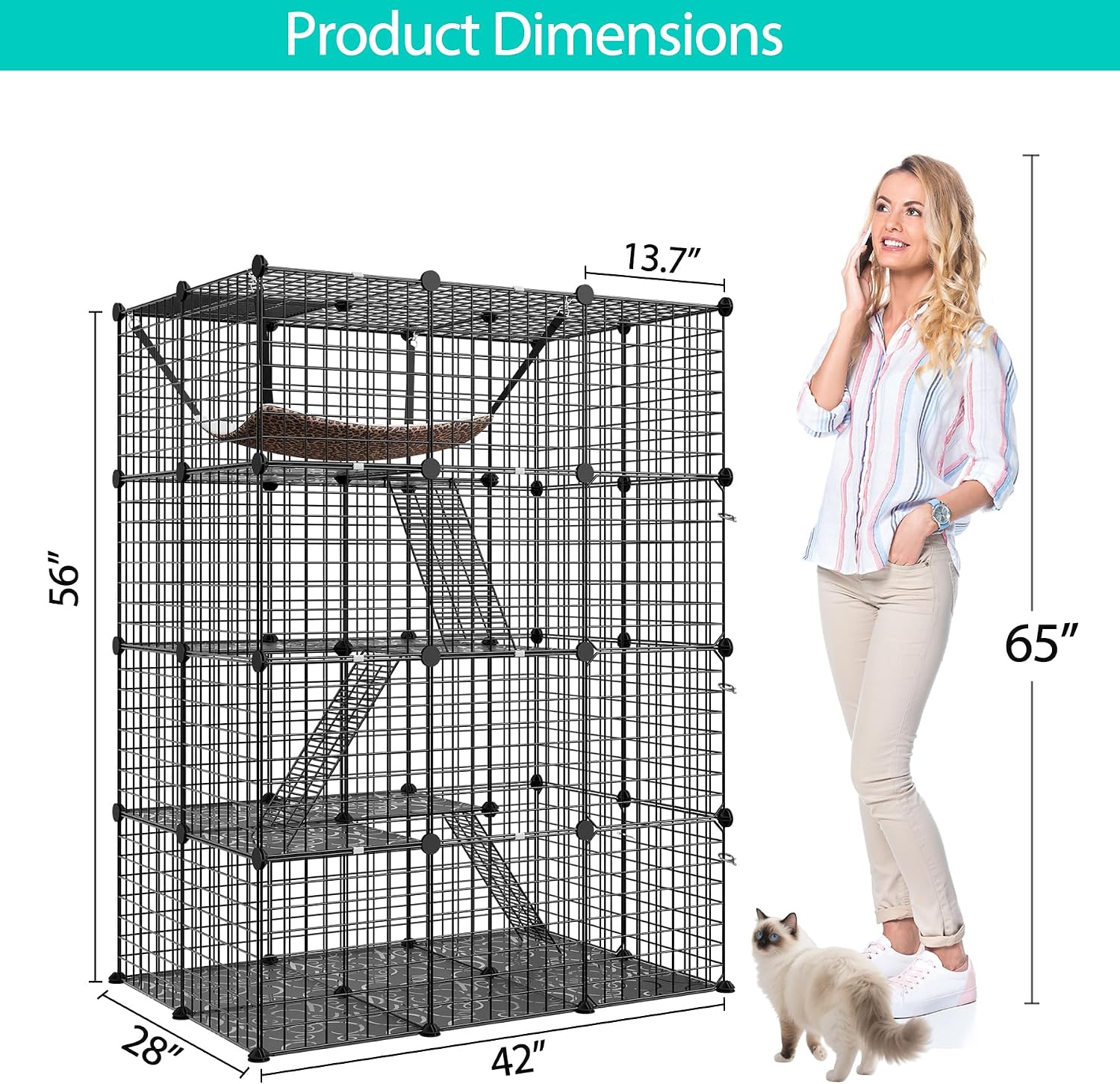 4-Tier Cat Cage Indoor Cat Enclosures DIY Cat Playpen Detachable Metal Wire Kennels with Extra Large Hammock for