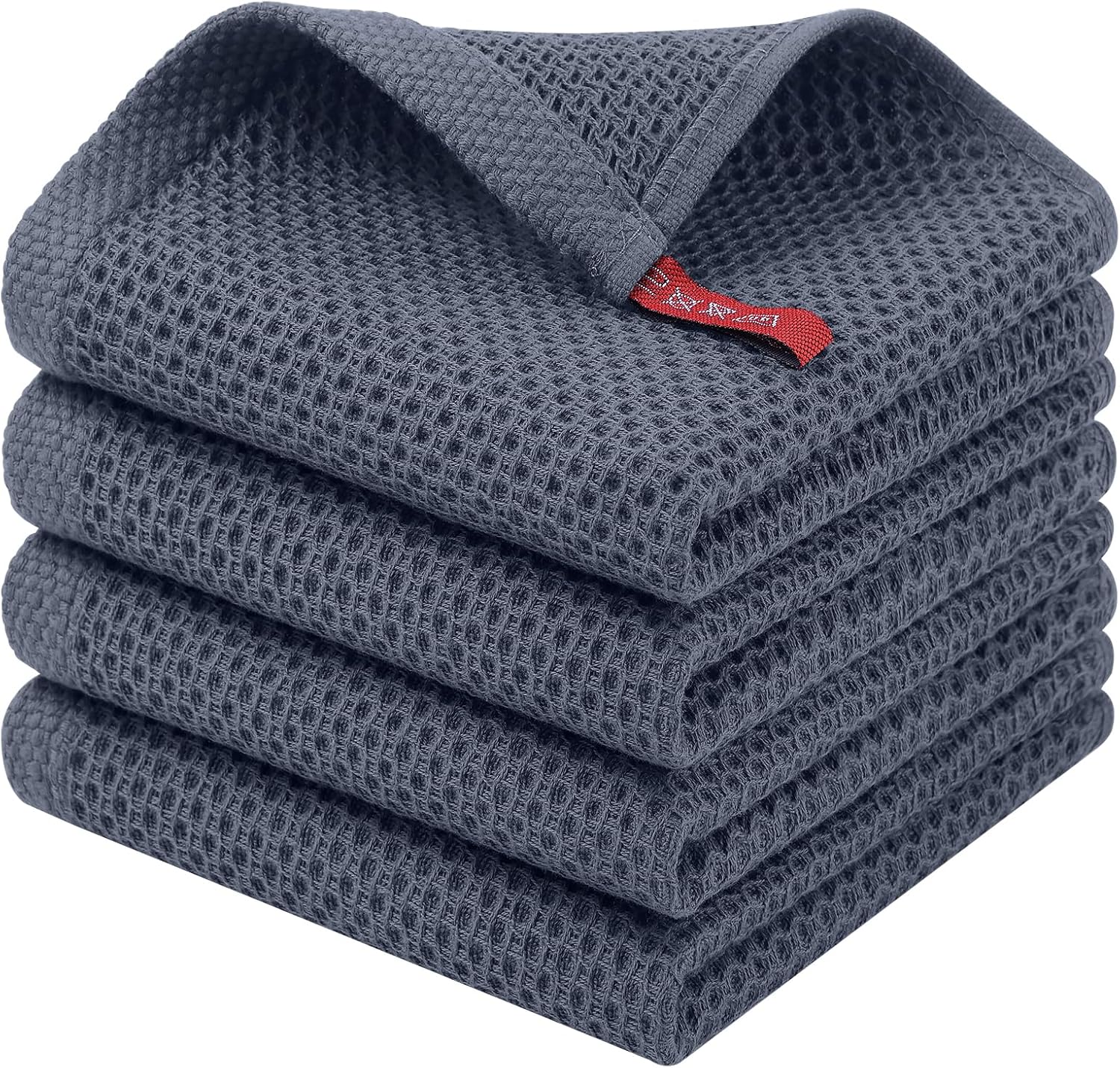 100% Cotton Waffle Weave Kitchen Dish Cloths, 4-Pack, Dark Grey | 12 x 12 Inches, Ultra Soft Absorbent Dish Towels