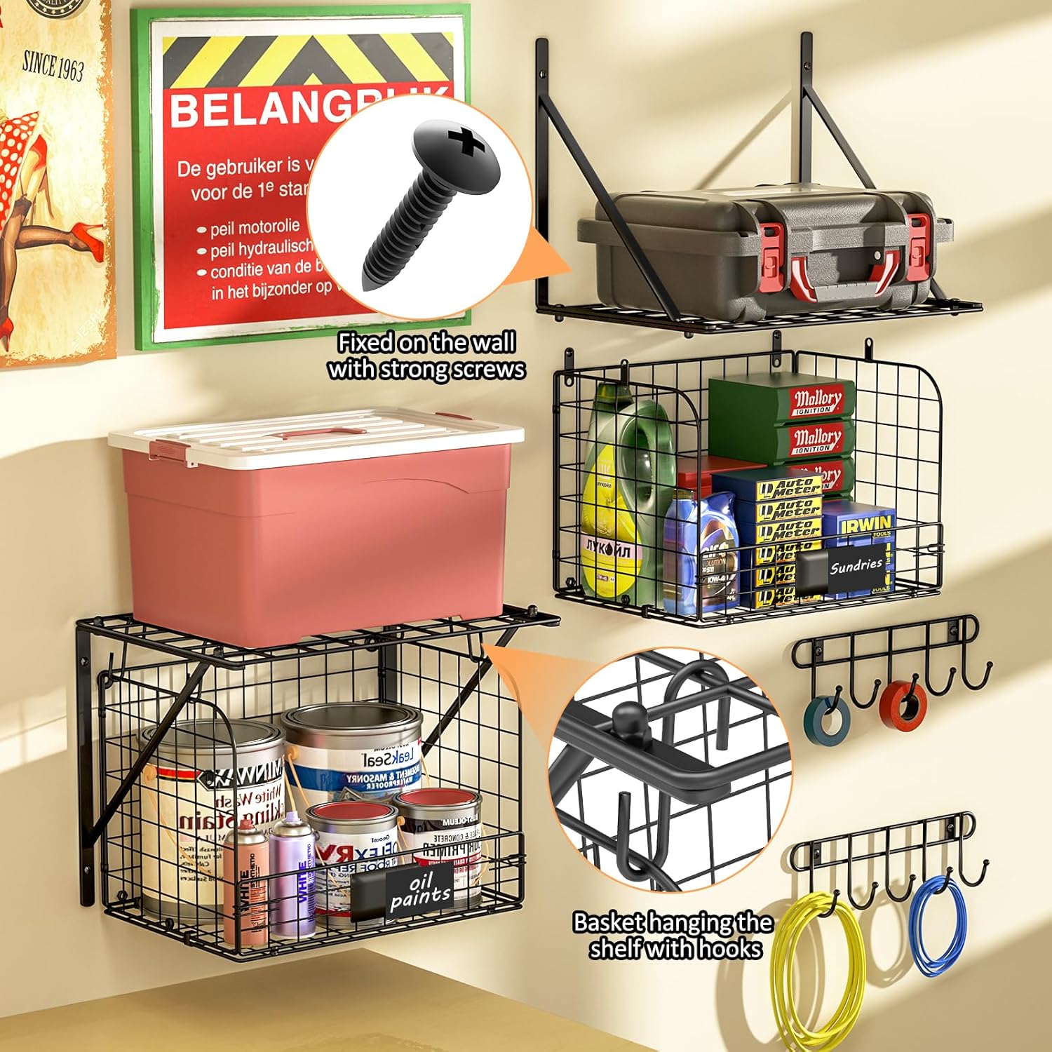 2 Pack Garage Shelves Wall Mounted with Wire Baskets, Heavy Duty Garage Wall Shelving with Hooks, Wire Shelf Baskets