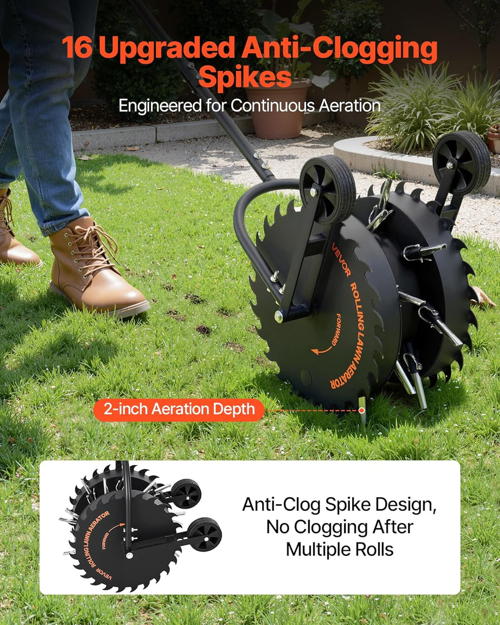 Rolling Lawn Core Aerator, 16.6 in Coring Aerator Roller with Anti-Clog Tines, Heavy Duty & Rust-Resistant, Yard