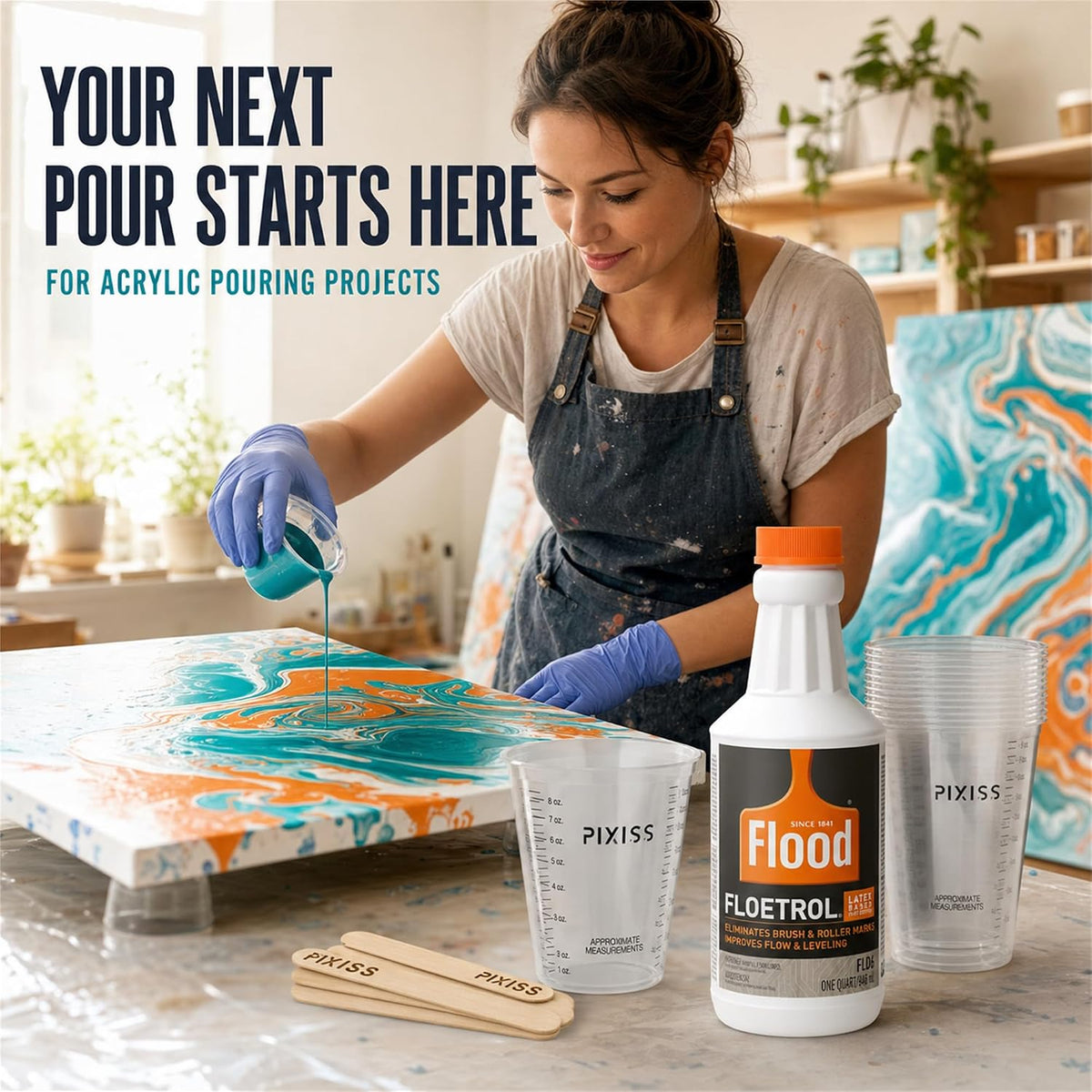 Floetrol Acrylic Pouring Medium, 32 oz with 20 Cups & 20 Mixing Sticks