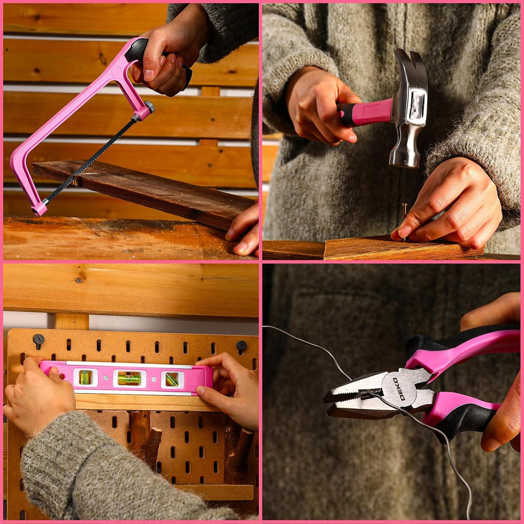 Pink Tool Kit Box Drill Set：DEKOPRO Home Mechanic Toolbox with 12V Power Cordless Drill Hand Repair Tools Sets Combo
