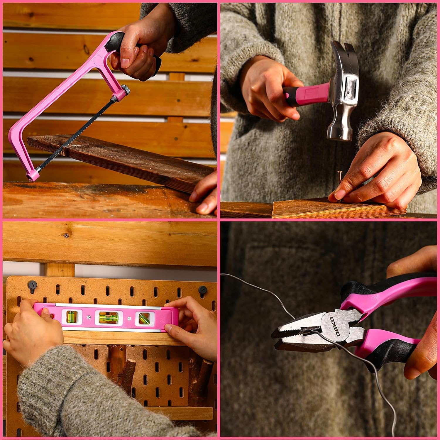 Pink Tool Kit Box Drill Set：DEKOPRO Home Mechanic Toolbox with 12V Power Cordless Drill Hand Repair Tools Sets Combo