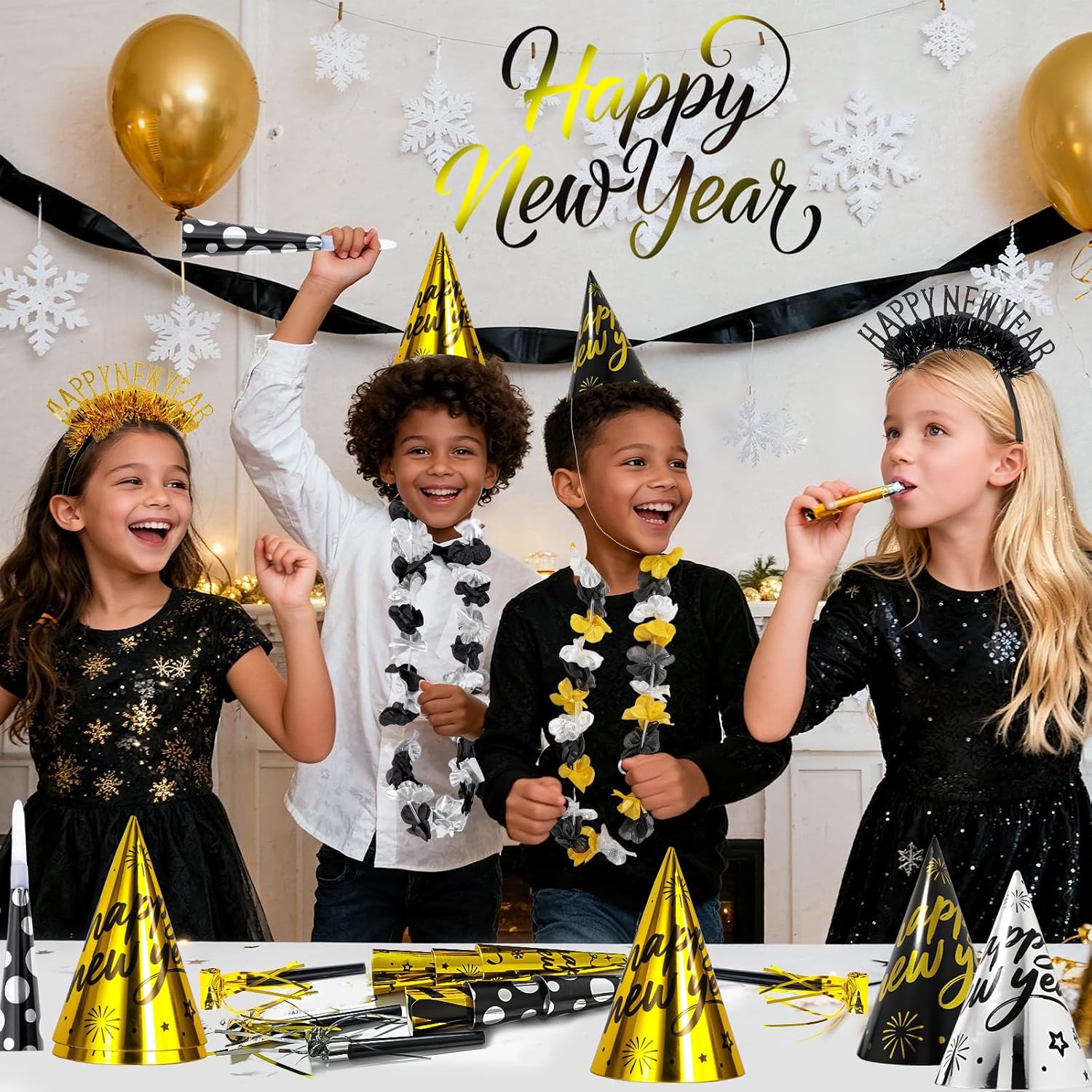 2026 New Years Eve Party Supplies for 20 Guests, 48 Pcs New Year Eve Party Hats and Horns, Headband, Tattoos