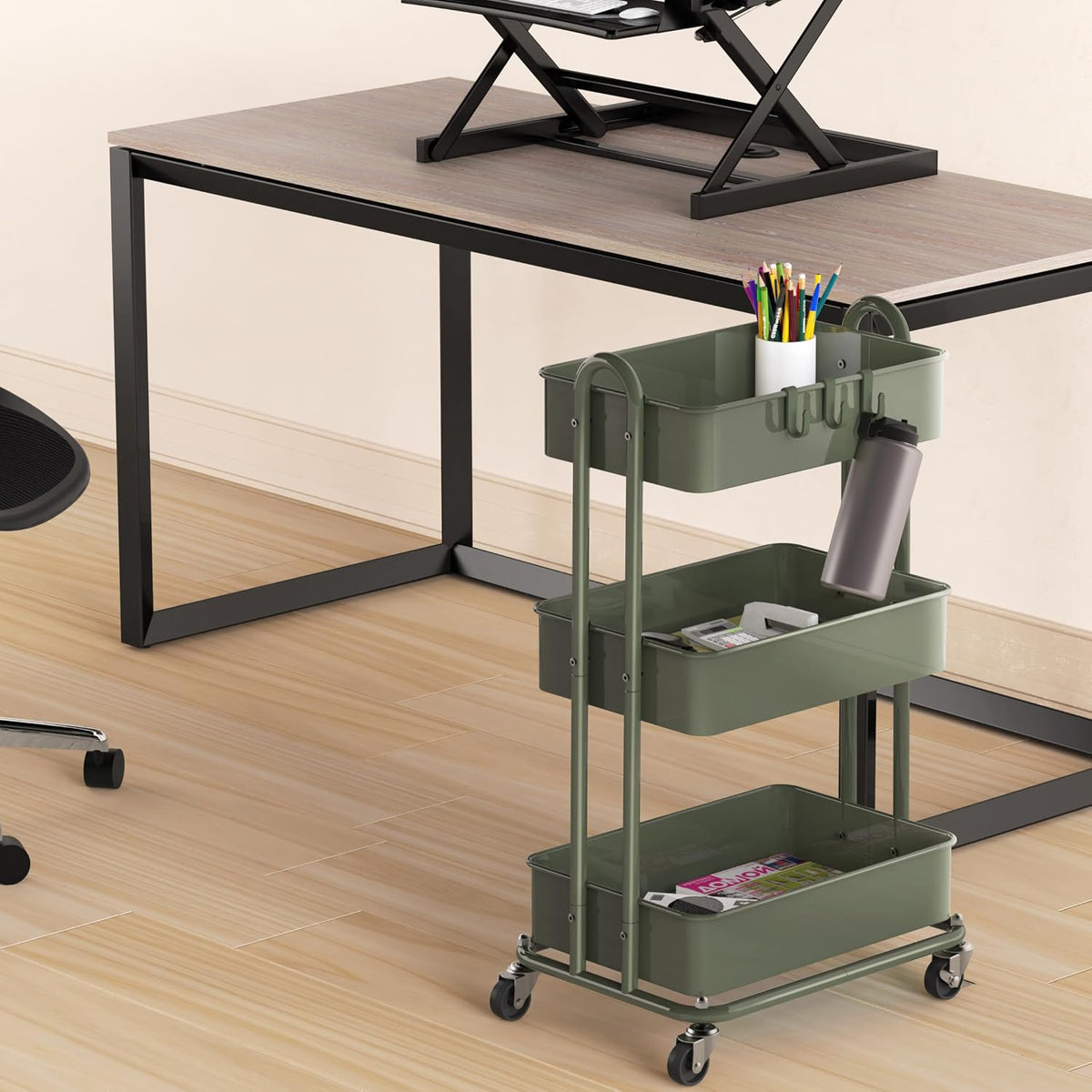 3-Tier Heavy Duty Metal Utility Rolling Cart, Army Green
