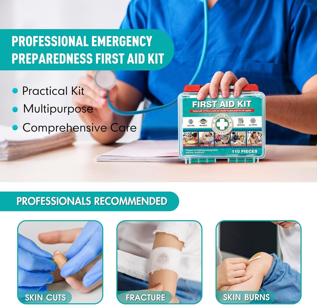 110 Pieces Small First Aid Kit - HardCase First Aid Box - Contains Premium Medical Supplies for Travel, Home, Office