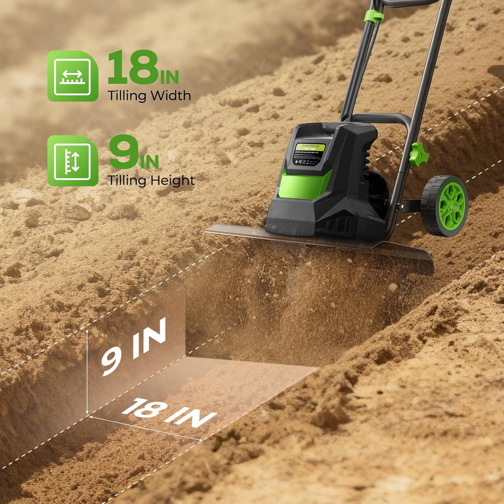 1800W 15A Corded Electric Tiller for Gardening and Soil Cultivation | 18"Width × 9"Depth | 400 RPM | 4-level