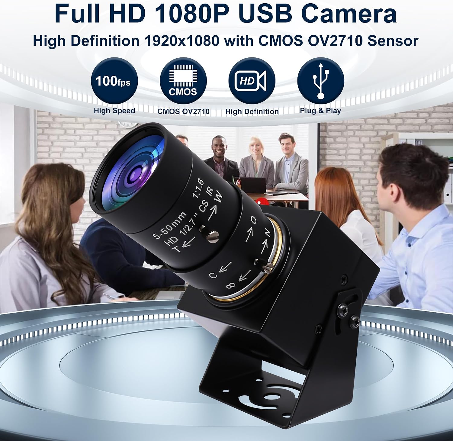 1080P USB Webcam with Telephoto 5-50mm Lens, Full HD Computer Camera 100fps/60fps/30fps for Windows/Mac/Linux/Android
