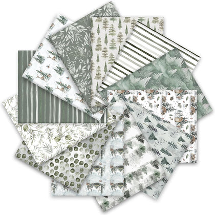 12Pcs Watercolor Forest Cotton Fabric Bundles 18 x 22 Inch Watercolor Forest Mountain Fat Quarter Xmas Winter