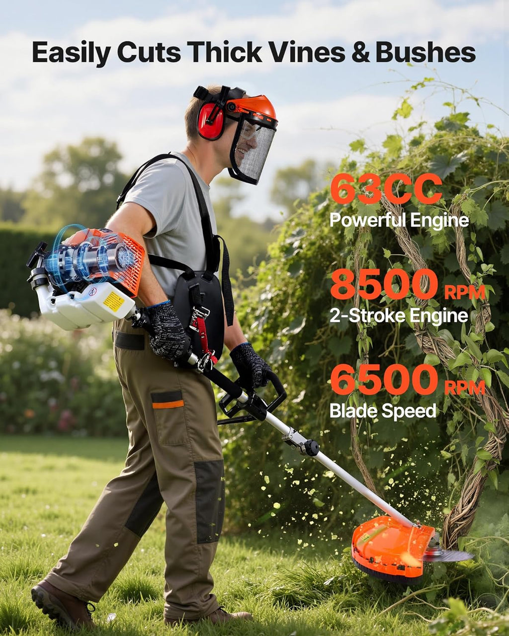 Gas Hedge Trimmer 2 Cycle 63 cc 5-in-1 Gas Power Handheld Cutter | Cordless Weed Eater with Protective Gear Set