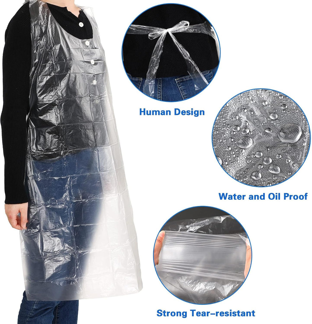 100 Pcs Disposable Aprons Adults Waterproof Plastic Clear Smocks
