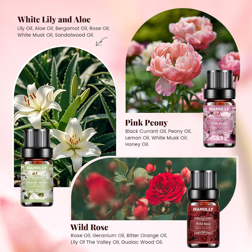 Floral Essential Oils Set - 6 Premium Fragrance Oil for Diffusers, Candle Making, Humidifier - Pink Peony, Wild Rose