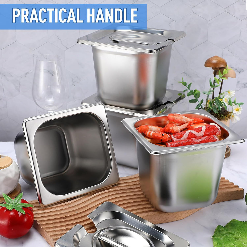 12 Pcs Stainless Steel Hotel Pan with Lids 1/6 Size, 5.9 Inch