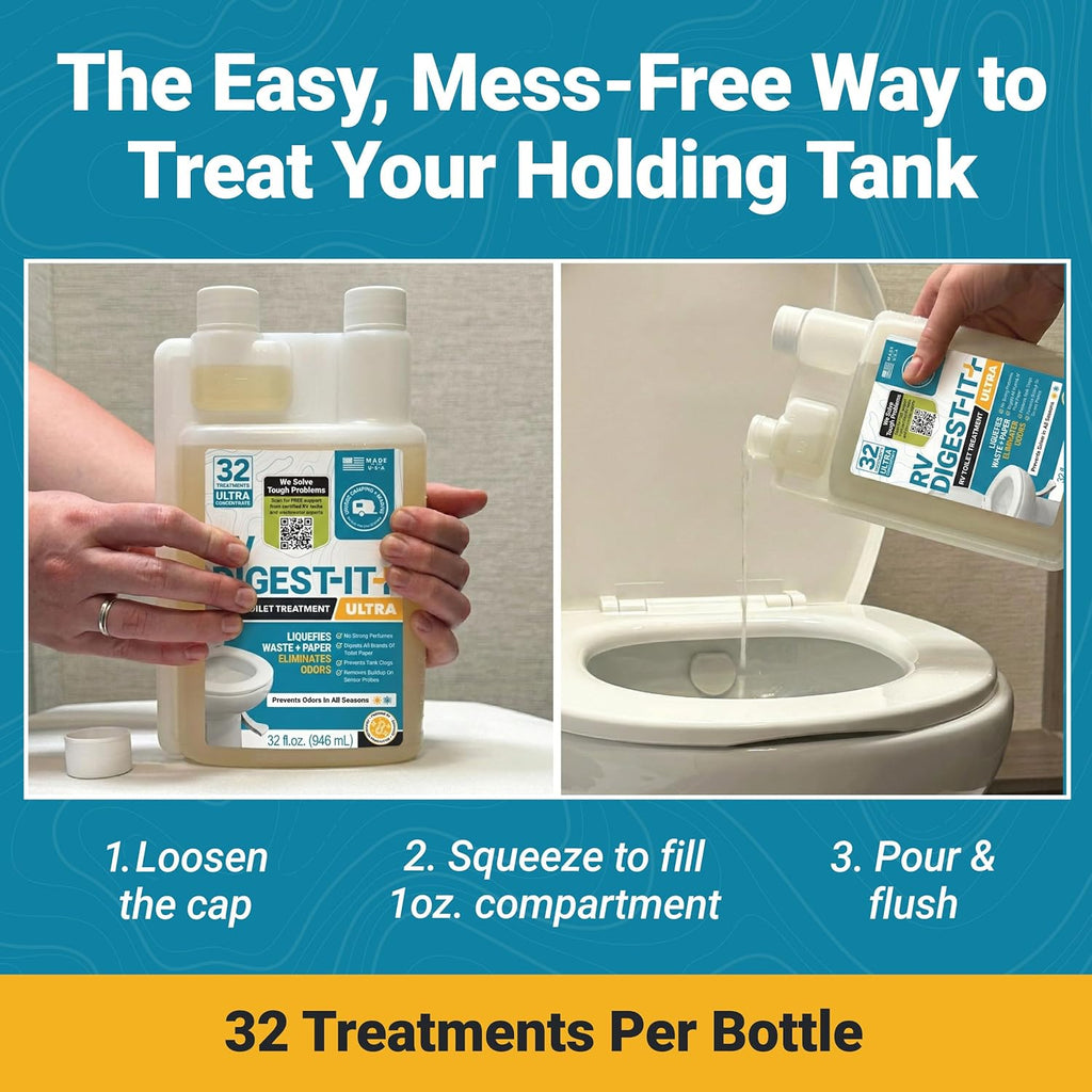 RV Digest-It Ultra Liquid RV Toilet Treatment, 32 Uses | Strong easy-measure liquid controls odors & quickly digests
