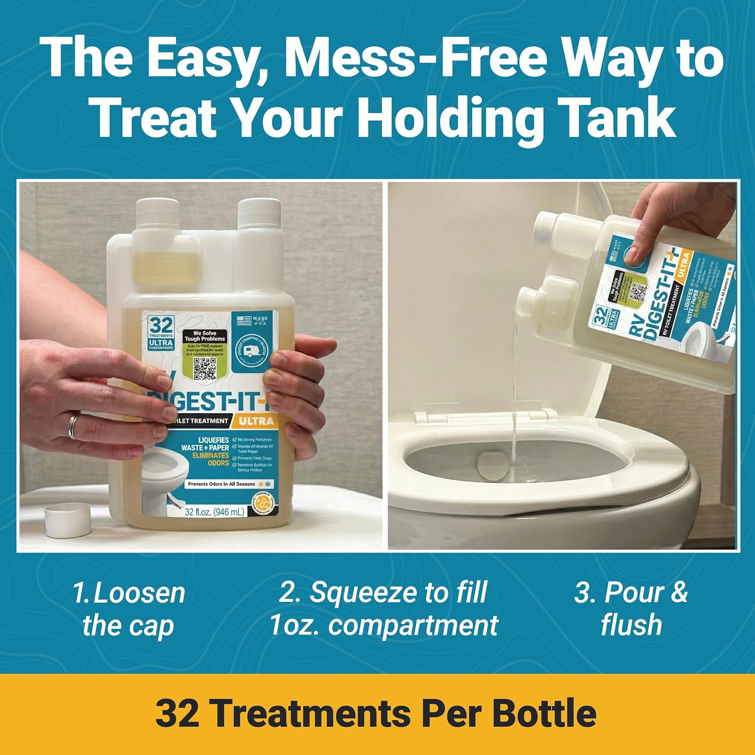 RV Digest-It Ultra Liquid RV Toilet Treatment, 32 Uses | Strong easy-measure liquid controls odors & quickly digests