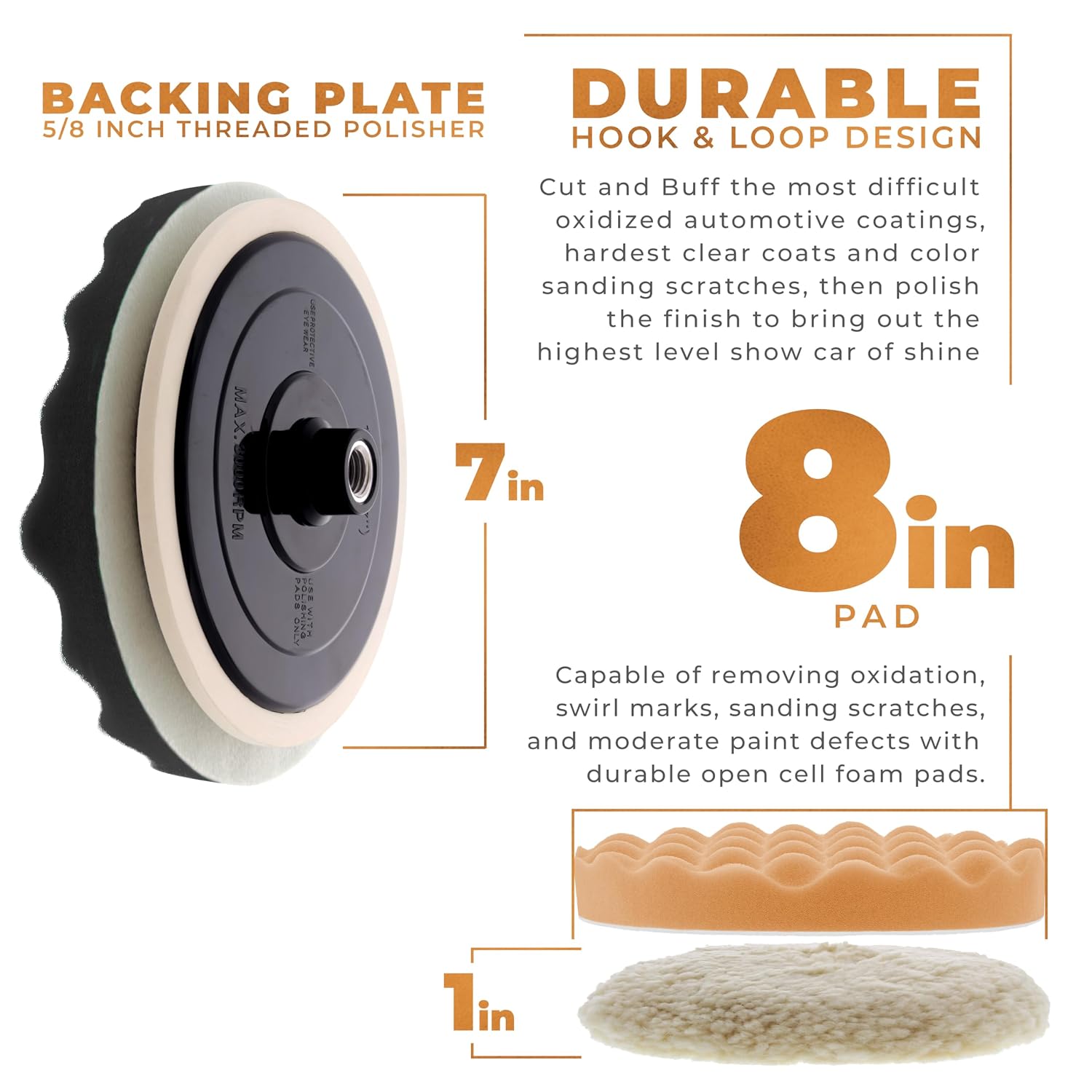 Professional 6 Pad Buffing & Polishing Kit, 5 Waffle Foam & | 1 Wool Grip Pad for Car Detailing - Complete 8 inch