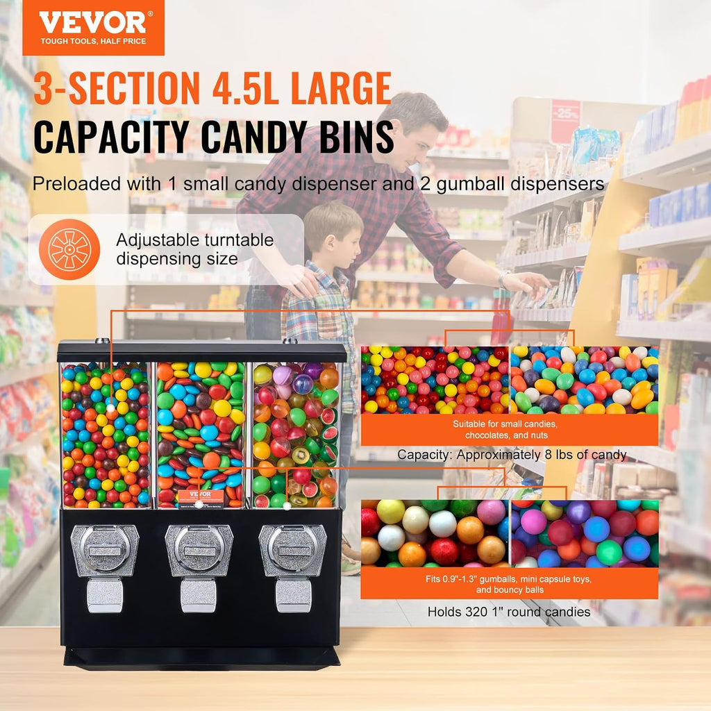 Commercial Vending Machine, Triple Compartment Candy Dispenser with Iron Stand, Gumball and Candy Machine for