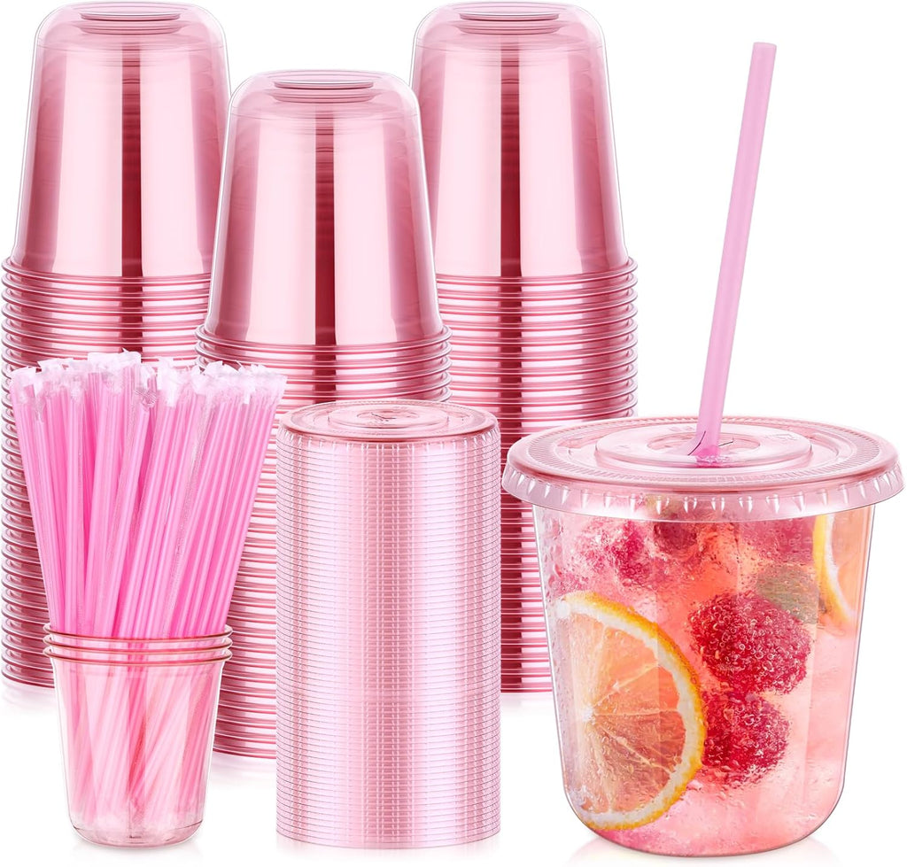 50 Pack 12 oz Pink Plastic Party Cups with Lids and Straws