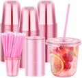 50 Pack 12 oz Pink Plastic Party Cups with Lids and Straws