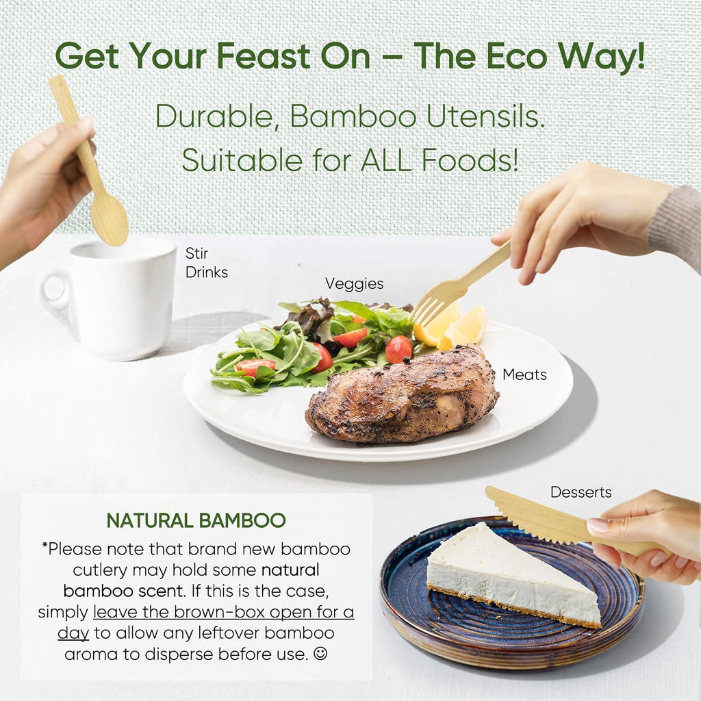 100% Bamboo Cutlery Set, Disposable Compostable Utensils, 250 PCS