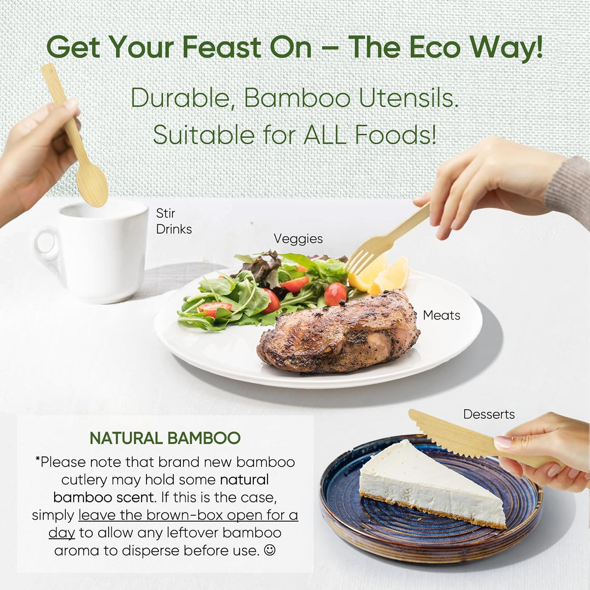 100% Bamboo Cutlery Set, Disposable Compostable Utensils, 250 PCS