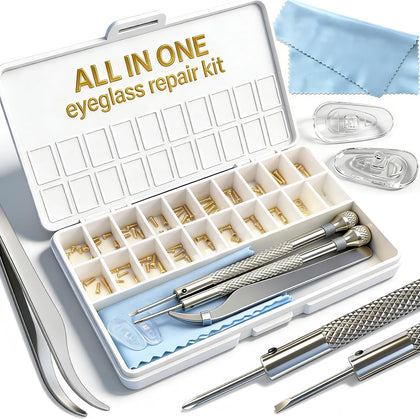 Gold Eyeglass Repair Kit with 18 Sizes Gold-Plated Screws, 1.4mm Precision Screwdrivers, Tweezers, Nose Pads & Cloth