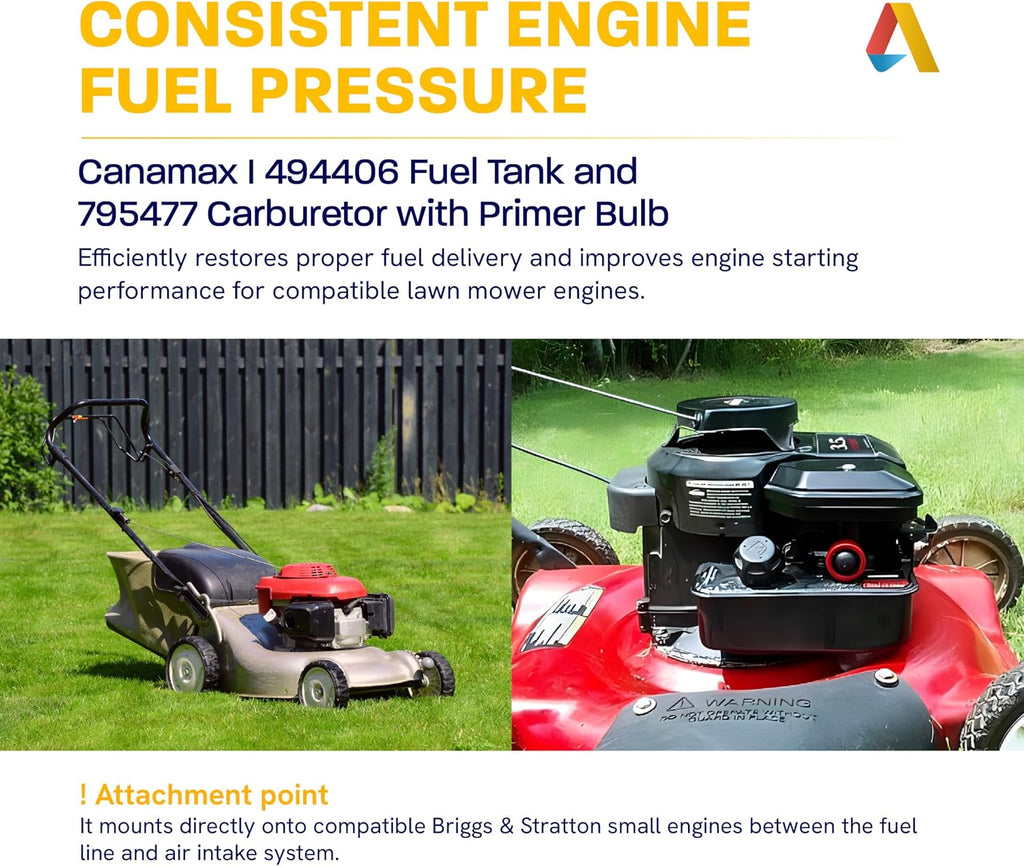 494406 Fuel Tank and 795477 Carburetor Kit with Primer Bulb Compatible with BS 498809 498809A 795469 794147 699660 794161 498811 Carb by Canamax