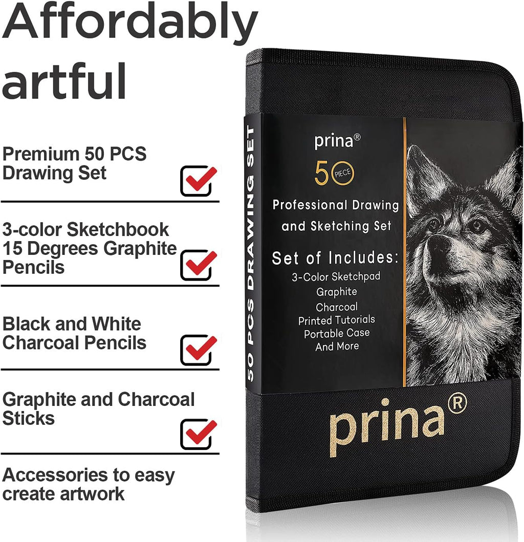 50 Pack Drawing Set Sketch Kit, Sketching Supplies with 3-Color Sketchbook, Graphite, and Charcoal Pencils, Pro Art