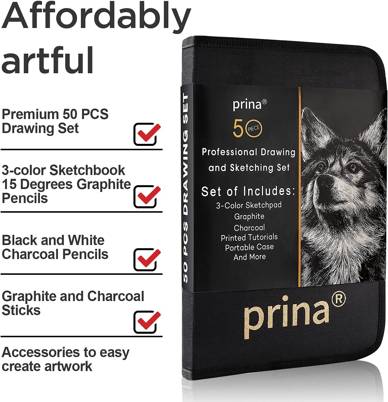 50 Pack Drawing Set Sketch Kit, Sketching Supplies with 3-Color Sketchbook, Graphite, and Charcoal Pencils, Pro Art