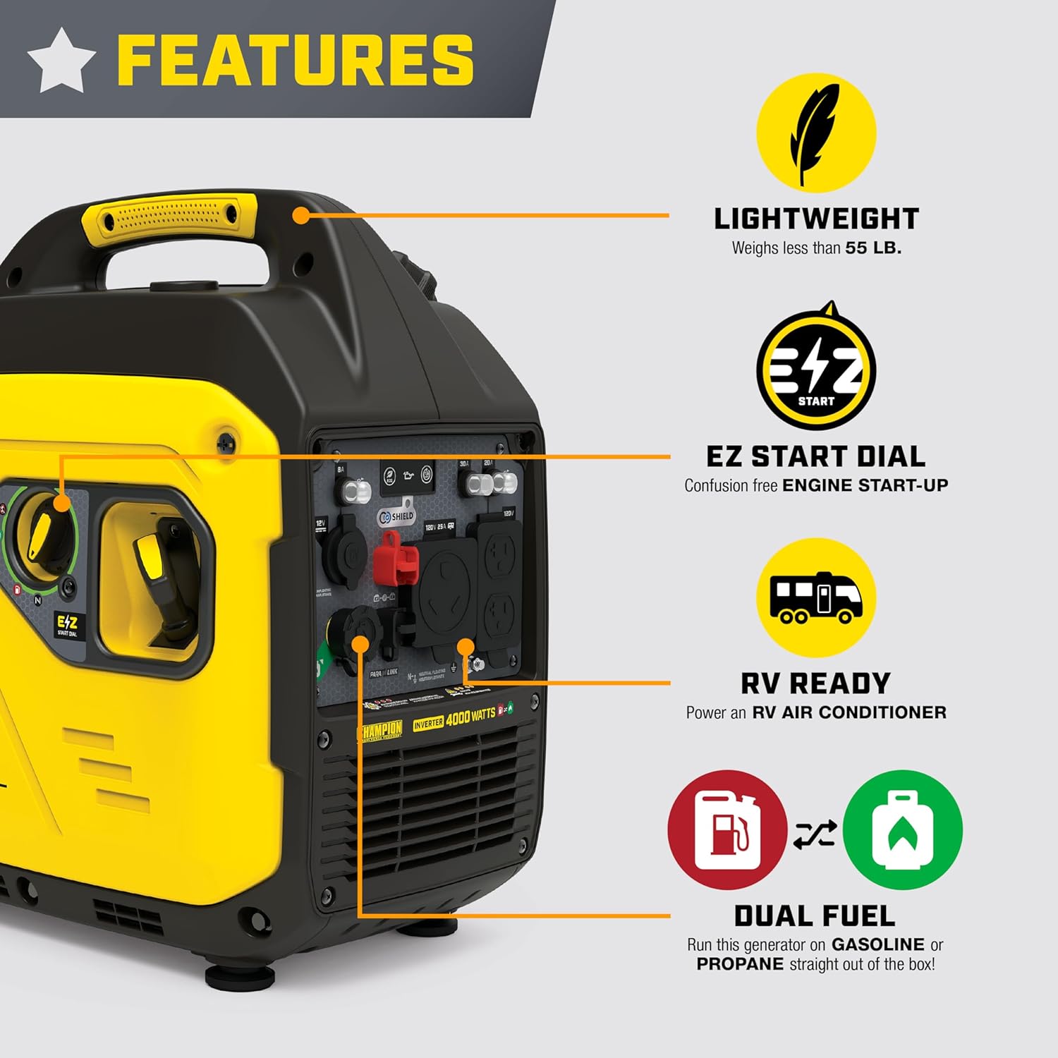4000-Watt Dual Fuel RV Ready Portable Inverter Generator with Quiet Technology and Free 3-Year Warranty