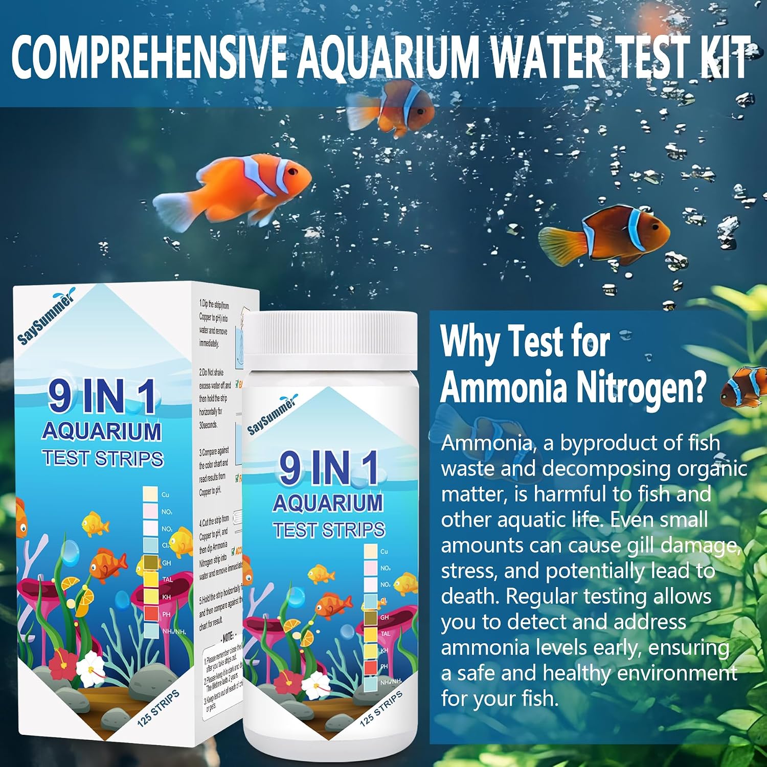 Aquarium Test Strips for Fish Tank: 9 in 1 Aquarium Ammonia Test Strips for Fish Tank - 125 Counts Aquarium Water