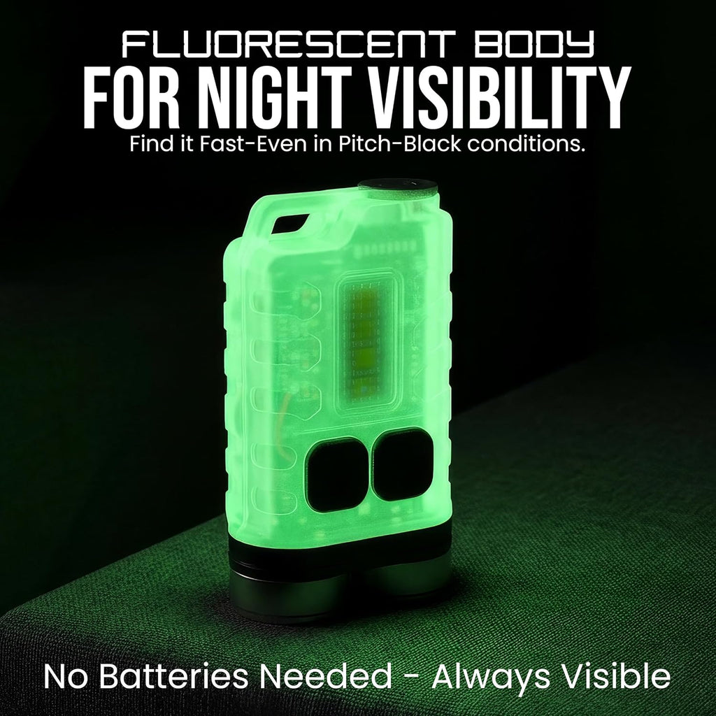 900 Lumens Rechargeable LED EDC Flashlight - Mini Keychain Pocket Torch | Glow-in-the-dark body, strong tail magnet