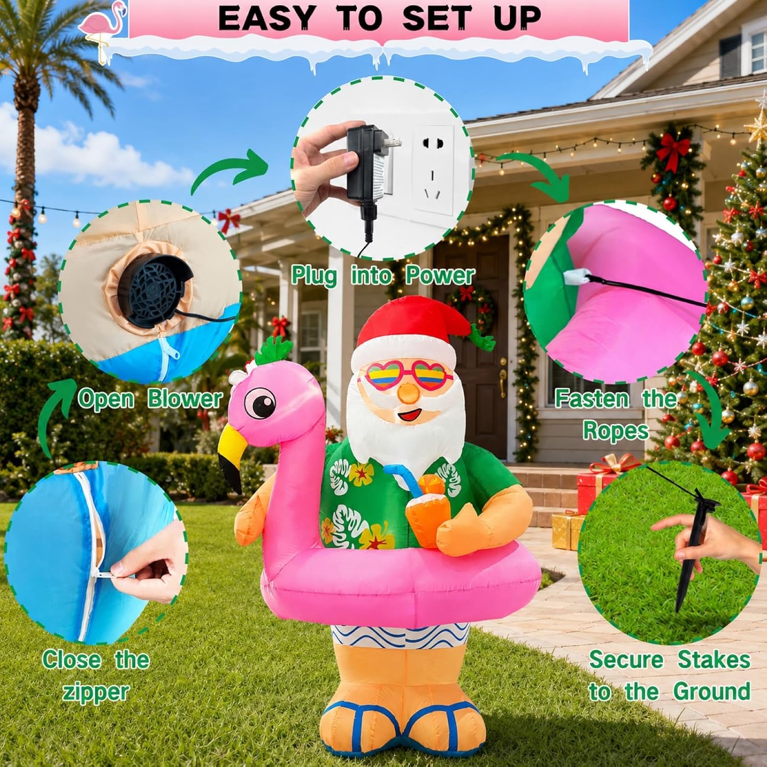 Christmas Inflatable Santa Claus Outdoor Decorations 6ft Giant Blow Up Hawaiian Santa Inflatables with Flamingo