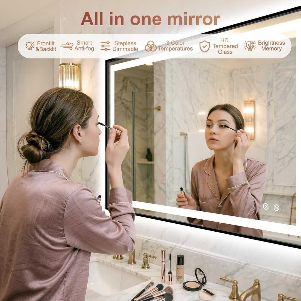 LED Bathroom Mirror with Lights, 30"x40" Black Framed Lighted Vanity Mirror | Anti-Fog, Dimmable 3 Color Temperature