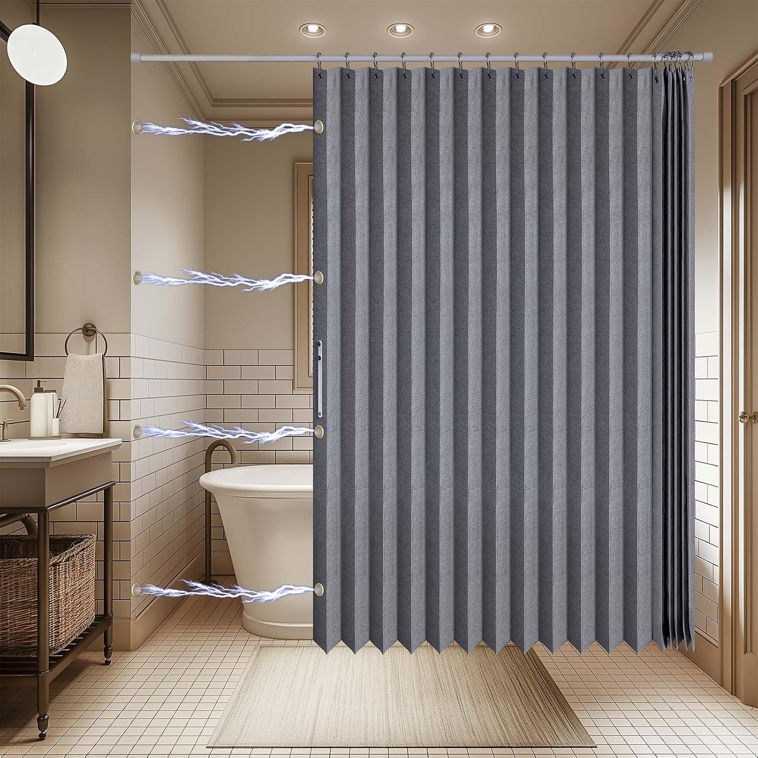 Magnetic Folding Shower Curtains Fabric Polyester Material Waterproof Shower Curtain Suitable for Family Hotel