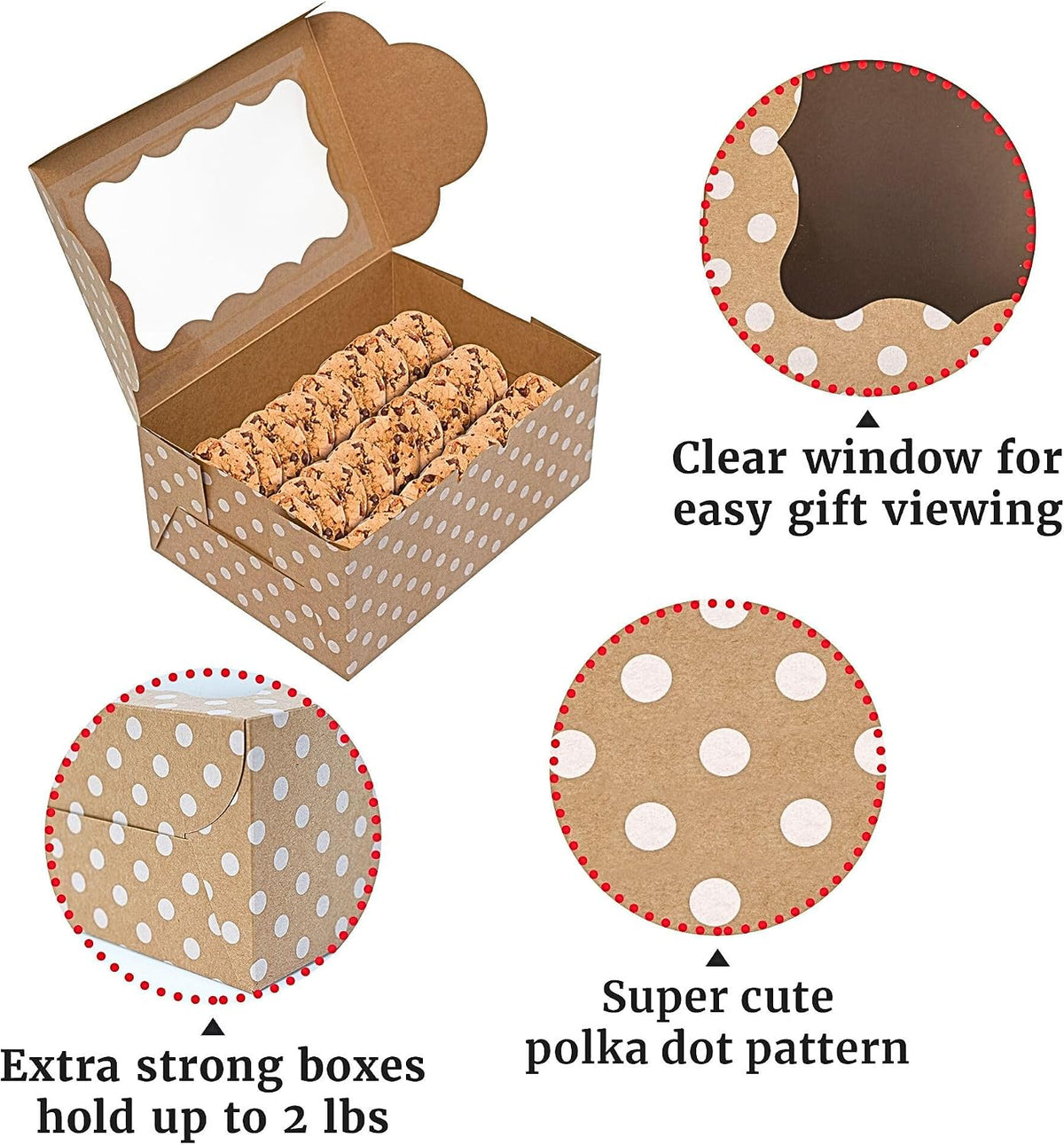Polka Dot Cookie Boxes - 12 Pack - Brown Bakery Gift Box with Window