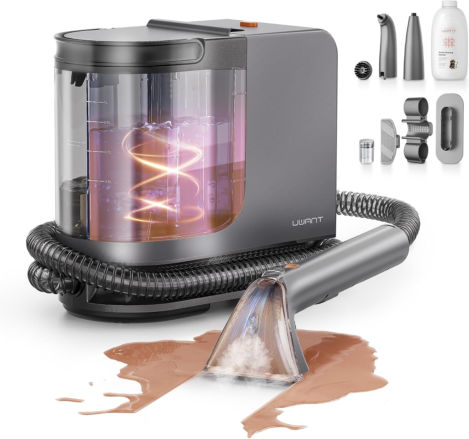 Portable Carpet Cleaner with Steam& Hot Water 18Kpa Upholstery Cleaner Machine for Pets with Cleaning Tools& Solution