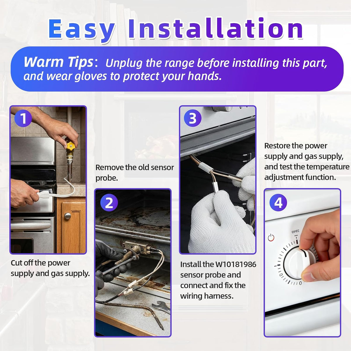 W10181986 Oven Temperature Sensor Probe, Precise Measurement for Whirlpool
