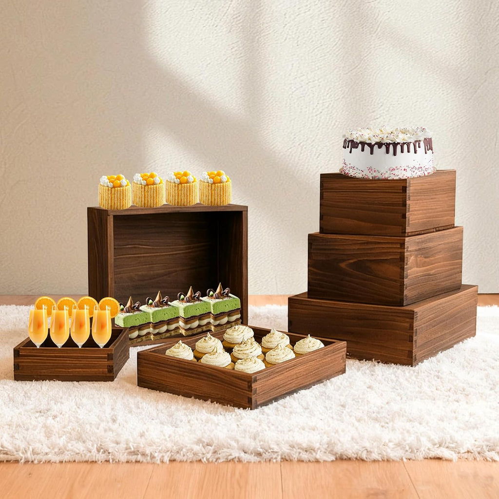 6-Pack Wood Risers Display Stands, Multi-Height Food Risers for Buffet Table, Rustic Wooden Cake & Cupcake Stands for