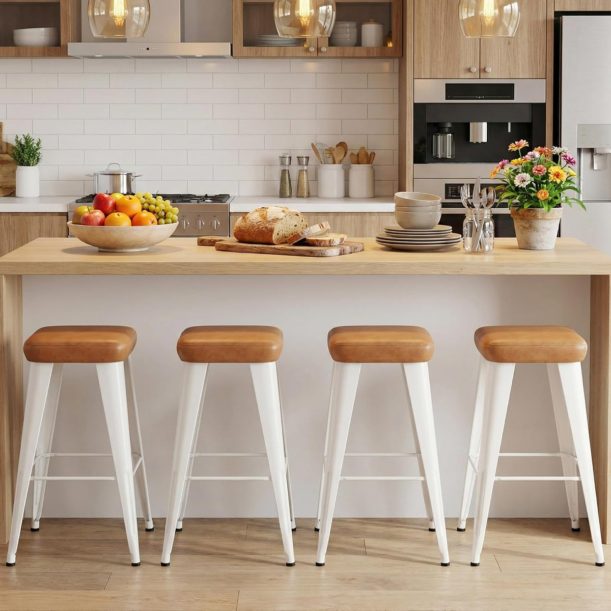 Backless Bar Stools Set of 4, 24" Brown PU Leather Barstools