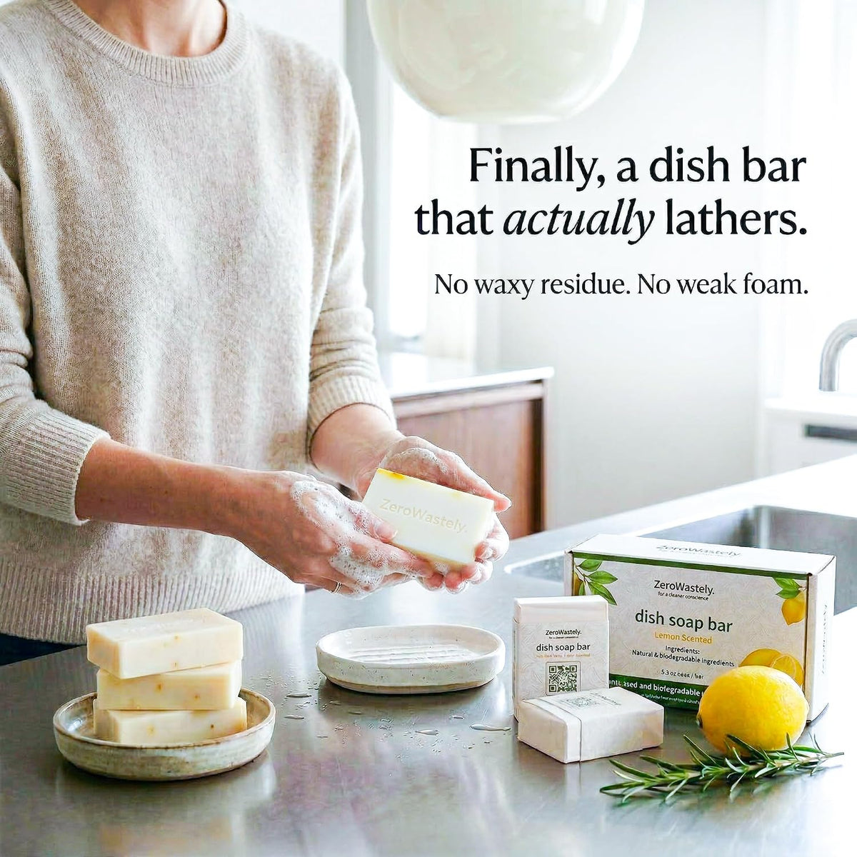 Natural Dish Soap Bar - Value Pack of 3 Solid Soap Block 16oz - Lemon Scented, Long Lasting, Skin Friendly