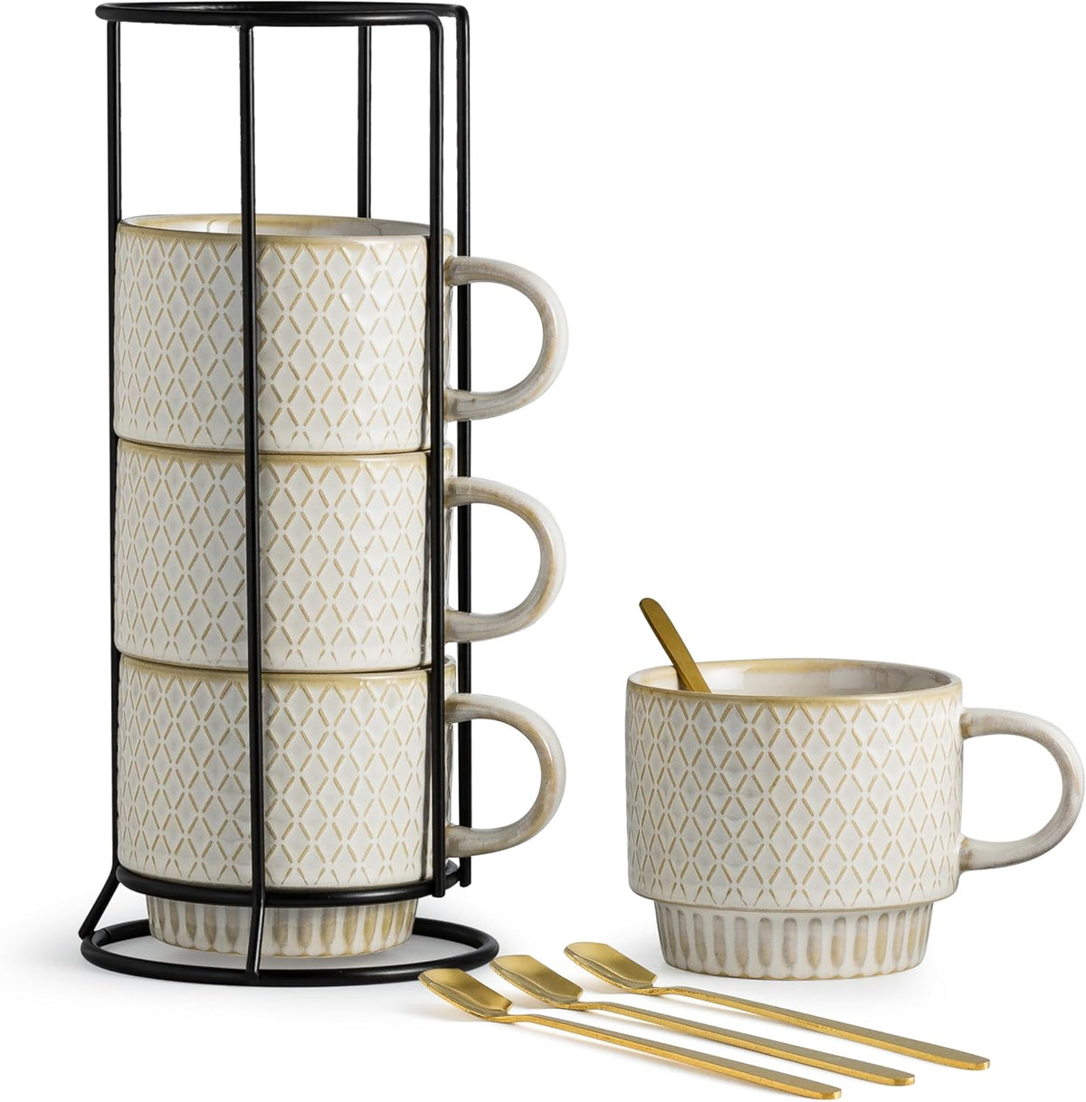 Stackable Coffee Mugs, Coffee Cups, Mug Set of 4 with Spoons - 13 Oz Coffee Cup Set with Stand, Ceramic Coffee Mug
