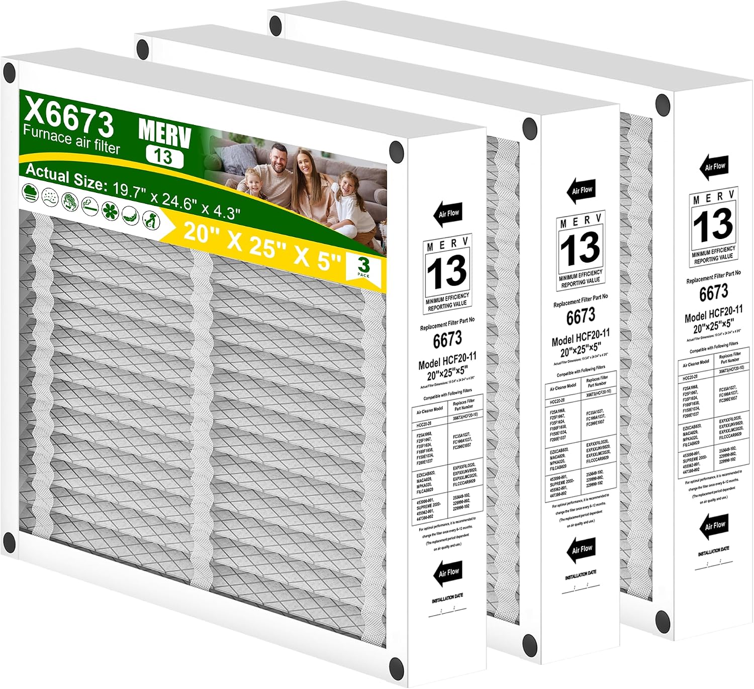 Lennox X6673 20x25x5 in. HVAC Furnace Replacement Air Filter | Foldable MERV 13 Filter, Low air resistance safeguards
