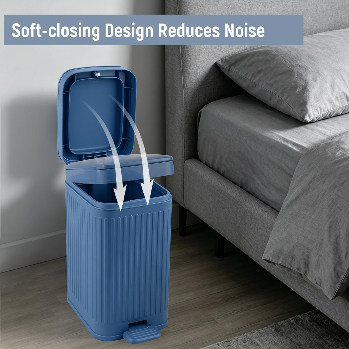 Small Bathroom Trash Can with Lid, 1.9 Gallon Slim Soft Close Step, Navy