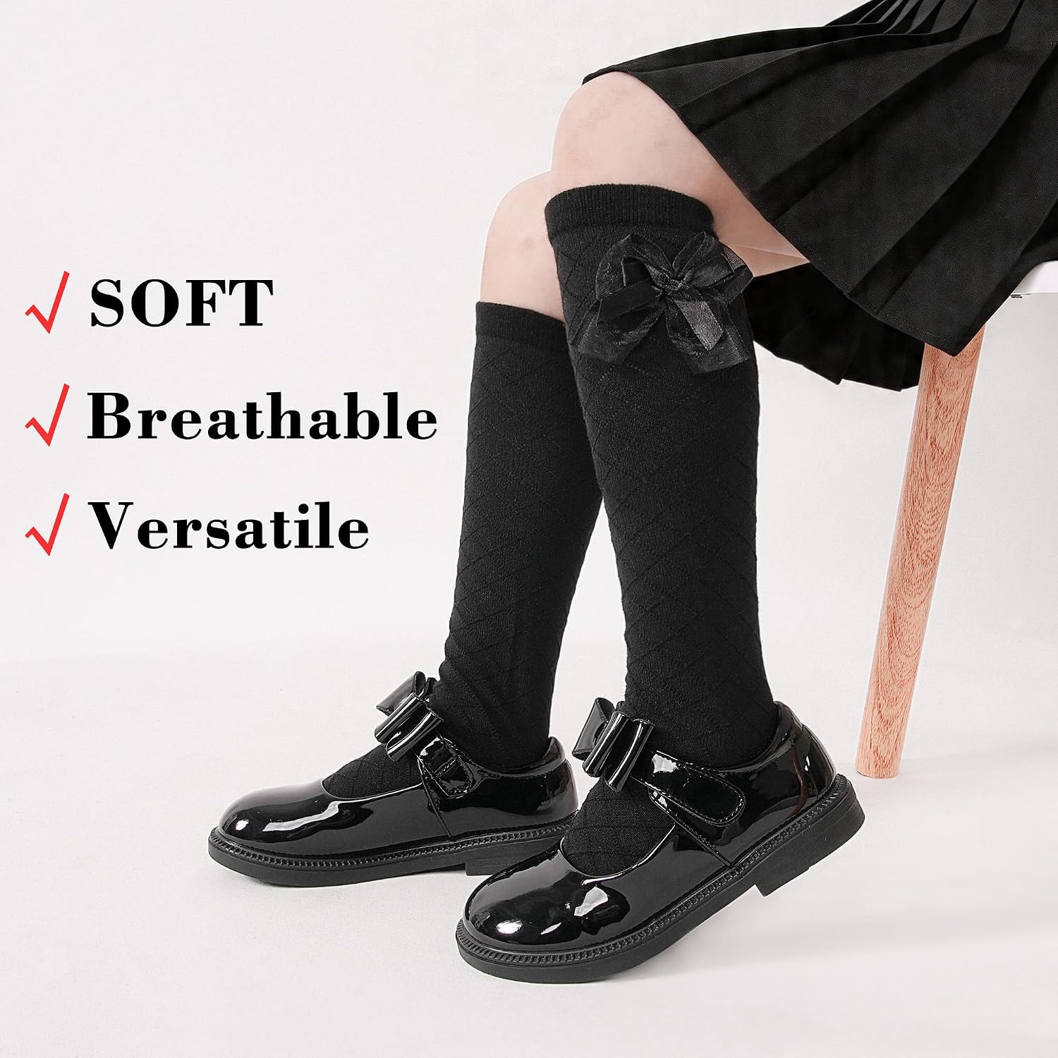 3 Pairs Girls Cotton Knee High Bow Socks, School Socks Ages 4-12 | Lovely side bow decoration,classic white, black