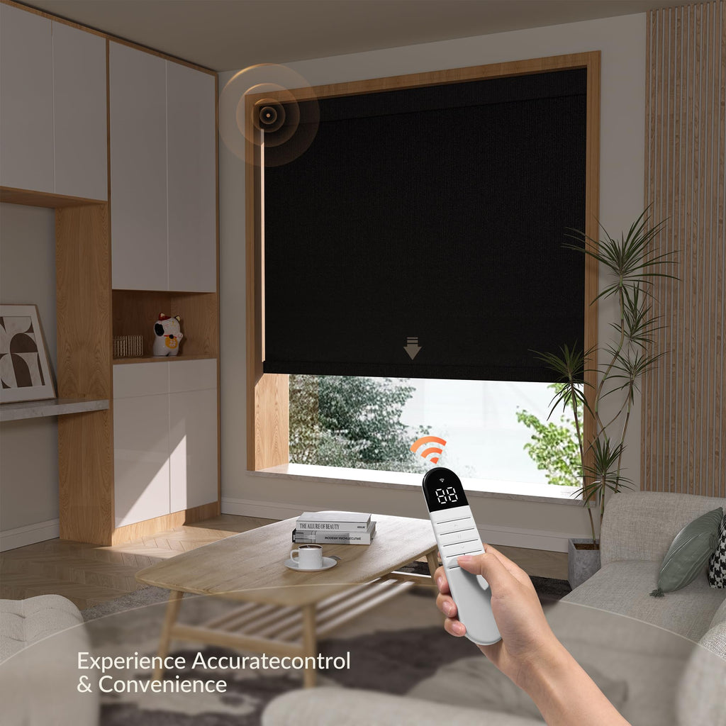 Motorized Roller Blinds with Remote Control, Blackout Linen Fabric-Matched Automatic Roller Shades for Windows