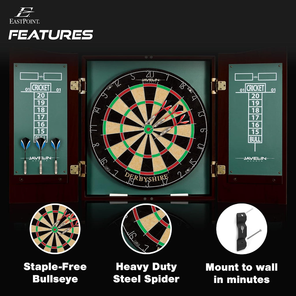 EastPoint Belmont Dart Board Cabinet, 6 Steel Tip Darts, Game Room Decor | Official Size, Self-Healing Sisal