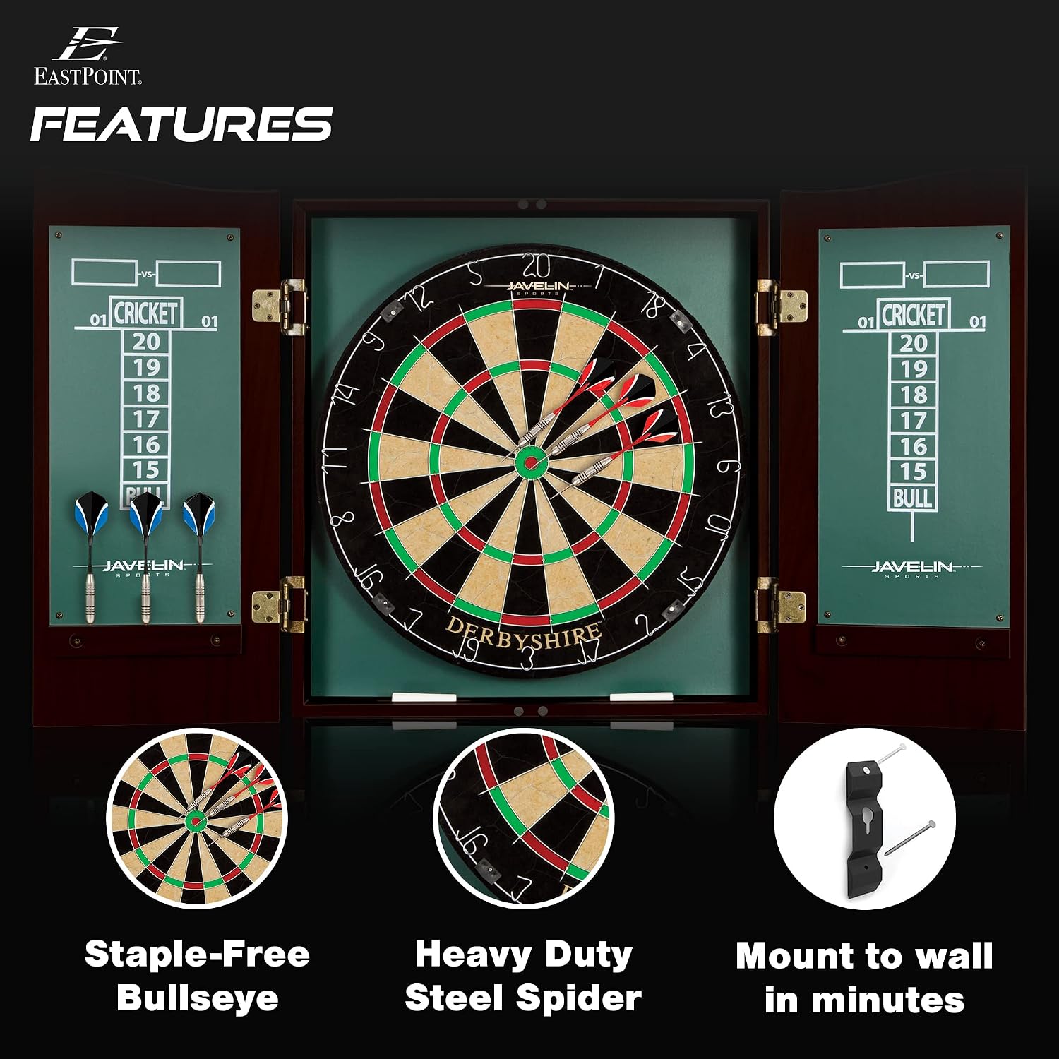 EastPoint Belmont Dart Board Cabinet, 6 Steel Tip Darts, Game Room Decor | Official Size, Self-Healing Sisal